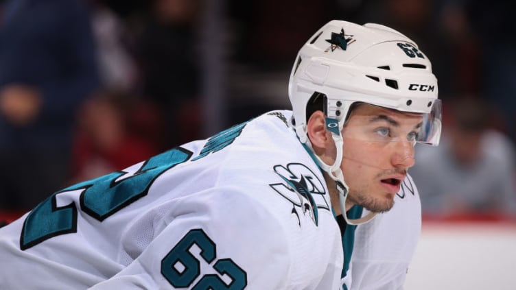 GLENDALE, AZ - JANUARY 16: Kevin Labanc #62 of the San Jose Sharks awaits a face off during the NHL game against the Arizona Coyotes at Gila River Arena on January 16, 2018 in Glendale, Arizona. The Sharks defeated the Coyotes 3-2 in an overtime shootout. (Photo by Christian Petersen/Getty Images)