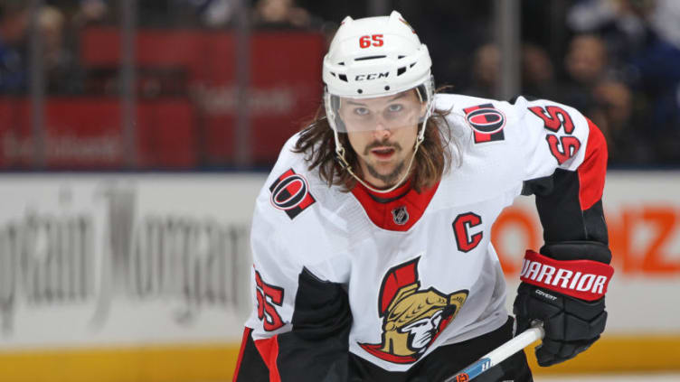 TORONTO, ON - FEBRUARY 10: Erik Karlsson #65 of the Ottawa Senators waits for a puck drop against the Toronto Maple Leafs during an NHL game at the Air Canada Centre on February 10, 2018 in Toronto, Ontario, Canada. The Maple Leafs defeated the Senators 6-3. (Photo by Claus Andersen/Getty Images)