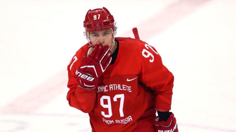 GANGNEUNG, SOUTH KOREA - FEBRUARY 25: Nikita Gusev #97 of Olympic Athlete from Russia celebrates after scoring the tying goal in the third period against Germany during the Men's Gold Medal Game on day sixteen of the PyeongChang 2018 Winter Olympic Games at Gangneung Hockey Centre on February 25, 2018 in Gangneung, South Korea. (Photo by Ronald Martinez/Getty Images)