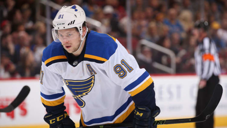 GLENDALE, AZ - MARCH 31: Vladimir Tarasenko #91 of the St. Louis Blues reacts as he skates to the bench during a break from the third period of the NHL game against the Arizona Coyotes at Gila River Arena on March 31, 2018 in Glendale, Arizona. (Photo by Christian Petersen/Getty Images)