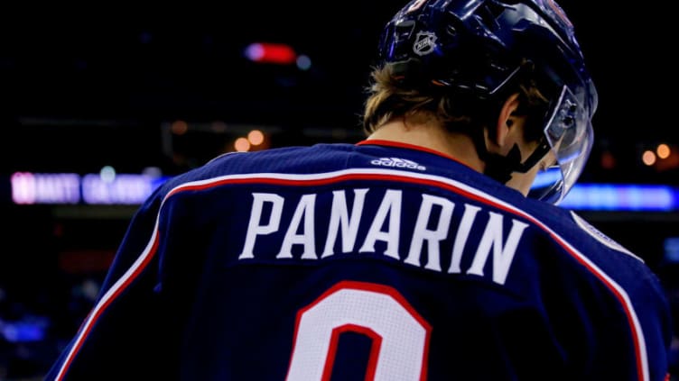 COLUMBUS, OH - APRIL 5: Artemi Panarin #9 of the Columbus Blue Jackets warms up prior to the start of the game against the Pittsburgh Penguins on April 5, 2018 at Nationwide Arena in Columbus, Ohio. (Photo by Kirk Irwin/Getty Images) *** Local Caption *** Artemi Panarin