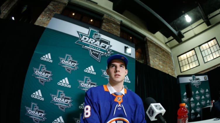 DALLAS, TX - JUNE 23: Jakub Skarek talks with the media after being selected 72nd overall by the New York Islanders during the 2018 NHL Draft at American Airlines Center on June 23, 2018 in Dallas, Texas. (Photo by Ron Jenkins/Getty Images)