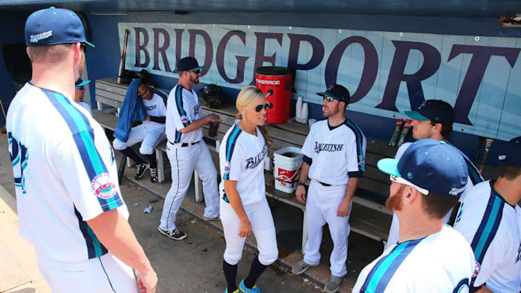 BRIDGEPORT, CT - MAY 29: Jennie Finch looks on prior to Managing the Bridgeport Bluefish against Southern Maryland Blue Crabs at The Ballpark at Harbor Yards on May 29, 2016 in Bridgeport, Connecticut. Jennie Finch is the first woman to manages a men's independent league baseball game. (Photo by Mike Stobe/Getty Images)