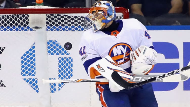 NEW YORK, NY - OCTOBER 19: Jaroslav Halak #41 of the New York Islanders makes the first period save against the New York Rangers at Madison Square Garden on October 19, 2017 in New York City. The Islanders defeated the Rangers 4-3 in the shootout. (Photo by Bruce Bennett/Getty Images)