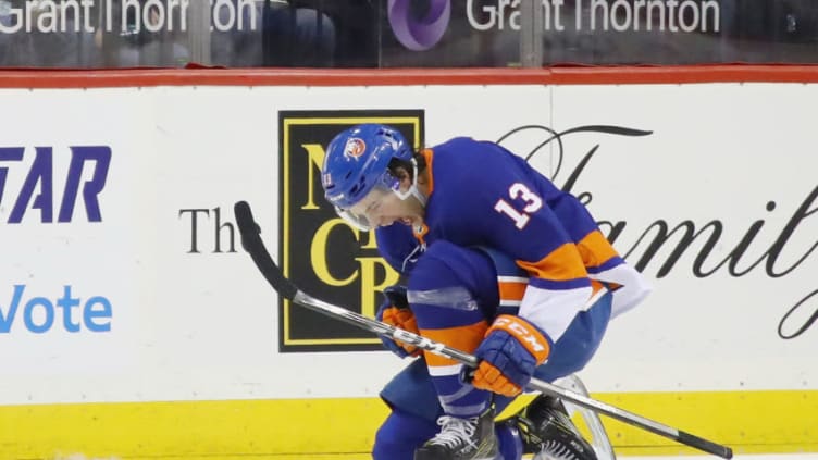 NEW YORK, NY - DECEMBER 23: Mathew Barzal #13 of the New York Islanders celebrates his goal at 2:20 of the first period against the Winnipeg Jets at the Barclays Center on December 23, 2017 in the Brooklyn borough of New York City. (Photo by Bruce Bennett/Getty Images)