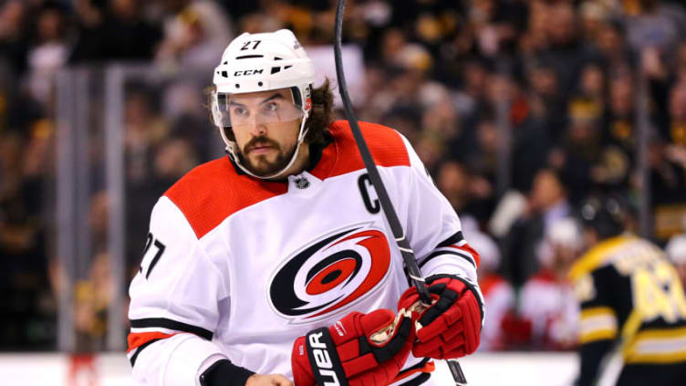 BOSTON, MA - JANUARY 6: Justin Faulk #27 of the Carolina Hurricanes reacts after Riley Nash #20 of the Boston Bruins scored a goal during the first period at TD Garden on January 6, 2018 in Boston, Massachusetts. (Photo by Maddie Meyer/Getty Images)