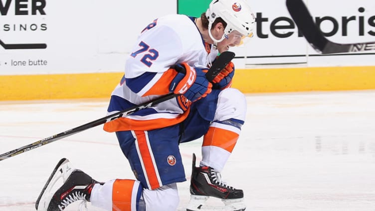 GLENDALE, AZ - JANUARY 22: Anthony Beauvillier #72 of the New York Islanders celebrates after scoring against the Arizona Coyotes during the third period of the NHL game at Gila River Arena on January 22, 2018 in Glendale, Arizona. The Coyotes defeated the Islanders 3-2 in overtime. (Photo by Christian Petersen/Getty Images)