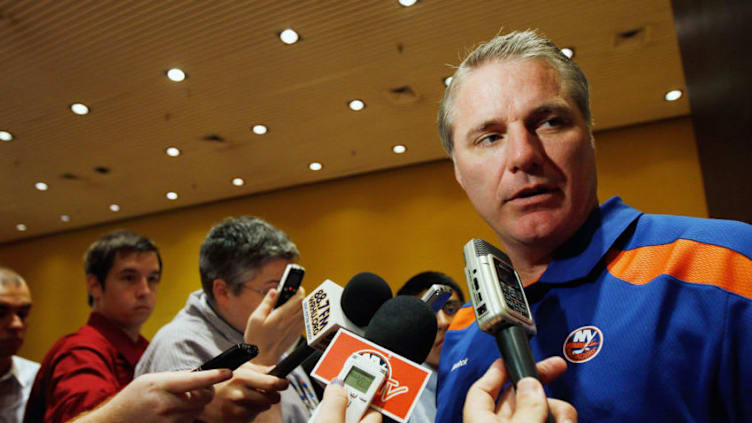 UNIONDALE, NY - SEPTEMBER 15: Islanders General Manager Garth Snow speaks to the media during a press conference to announce center John Tavares has signed a six-year contract extension with the New York Islanders on September 15, 2011 at the Nassau Coliseum in Uniondale, New York. (Photo by Mike Stobe/Getty Images for New York Islanders)