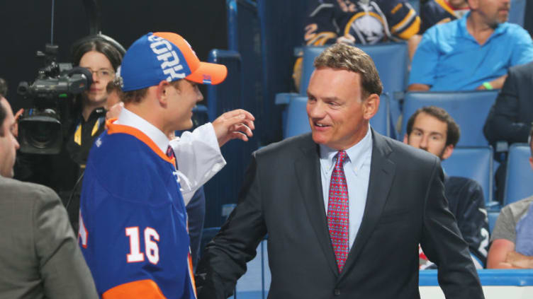 BUFFALO, NY - JUNE 24: (l-r) Kiefer Bellows and Brian Bellows attend round one of the 2016 NHL Draft on June 24, 2016 in Buffalo, New York. (Photo by Bruce Bennett/Getty Images)