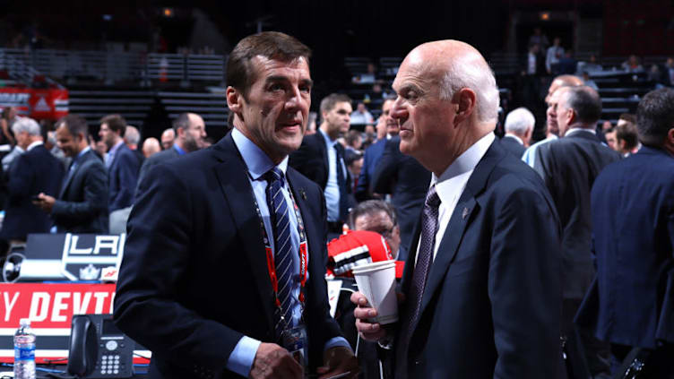 CHICAGO, IL - JUNE 24: (L-R) George McPhee of the Vegas Golden Knights and Lou Lamoriello of the Toronto Maple Leafs talk prior to the 2017 NHL Draft at the United Center on June 24, 2017 in Chicago, Illinois. (Photo by Bruce Bennett/Getty Images)