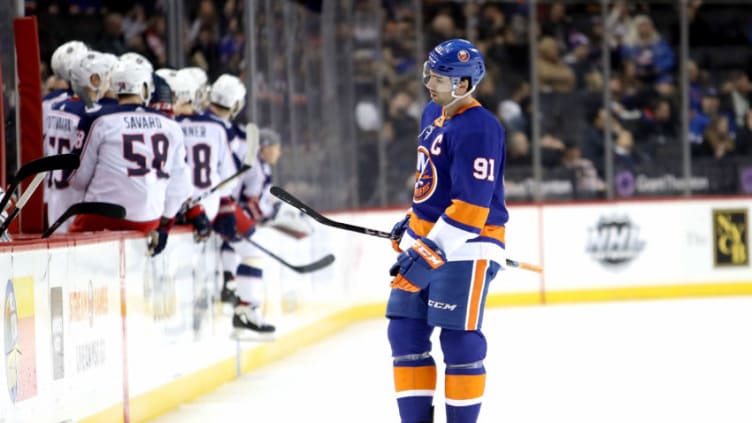 NEW YORK, NY - FEBRUARY 13: John Tavares #91 of the New York Islanders reacts in the second period against the Columbus Blue Jackets during their game at Barclays Center on February 13, 2018 in the Brooklyn borough of New York City. (Photo by Abbie Parr/Getty Images)