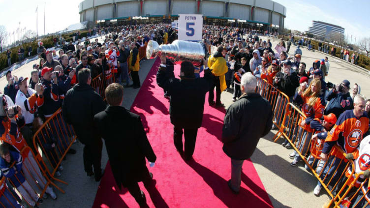 UNIONDALE, NY - MARCH 02: Denis Potvin of the 'Core of the Four' New York Islanders Stanley Cup victories take part in a ceremony prior to the Islanders game against the Florida Panthers at the Nassau Coliseum March 2, 2008 in Uniondale, New York. (Photo by Bruce Bennett/Getty Images)