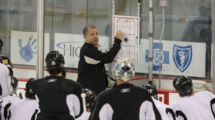 PITTSBURGH - JUNE 08: Assistant Coach Tom Fitzgerald of the Pittsburgh Penguins gives out instructions at the off day practice during the 2009 Stanley Cup Finals at Mellon Arena on June 8, 2009 in Pittsburgh, Pennsylvania. (Photo by Bruce Bennett/Getty Images)