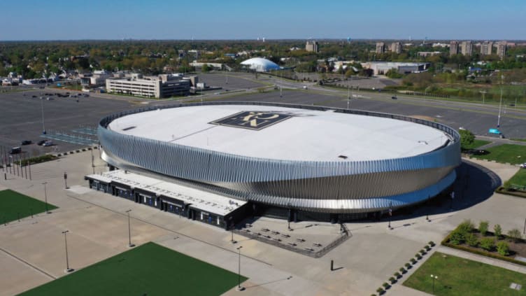 UNIONDALE, NEW YORK - MAY 13: In an aerial view from a drone, this is a general view of the NYCB's LIVE at Nassau Coliseum as photographed on May 13, 2020 in Uniondale, New York. (Photo by Bruce Bennett/Getty Images)