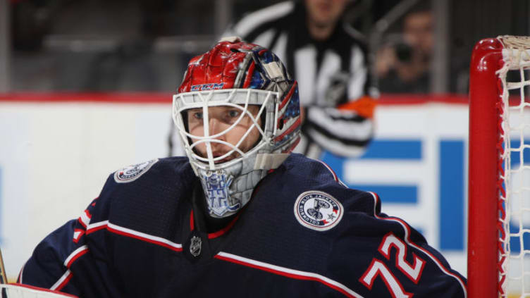 NEWARK, NEW JERSEY - DECEMBER 23: Sergei Bobrovsky #72 of the Columbus Blue Jackets tends net against the New Jersey Devils at the Prudential Center on December 23, 2018 in Newark, New Jersey. The Blue Jackets shutout the Devils 3-0. (Photo by Bruce Bennett/Getty Images)