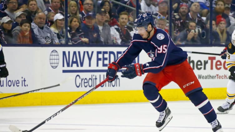 COLUMBUS, OH - MAY 6: Matt Duchene #95 of the Columbus Blue Jackets controls the puck while playing against the Boston Bruins in Game Six of the Eastern Conference Second Round during the 2019 NHL Stanley Cup Playoffs on May 6, 2019 at Nationwide Arena in Columbus, Ohio. (Photo by Kirk Irwin/Getty Images)