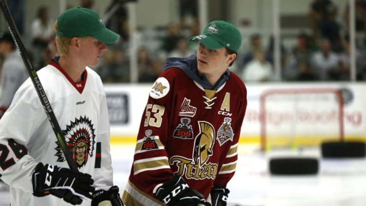 DALLAS, TX - JUNE 21: NHL Draft prospects Rasmus Dahlin of Sweden, left, and Noah Dobson of Canada participate in the Top Prospects Youth Hockey Clinic ahead of the 2018 NHL Draft at the Dr. Pepper StarCenter on June 21, 2018 in Dallas, Texas. (Photo by Ron Jenkins/Getty Images)