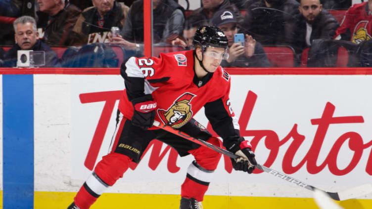 OTTAWA, ON - NOVEMBER 27: Erik Brannstrom #26 of the Ottawa Senators skates in a game against the Boston Bruins at Canadian Tire Centre on November 27, 2019 in Ottawa, Ontario, Canada. (Photo by Jana Chytilova/Freestyle Photography/Getty Images)