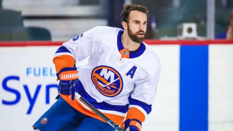 Mar 11, 2018; Calgary, Alberta, CAN; New York Islanders left wing Andrew Ladd (16) skates during the warmup period against the Calgary Flames at Scotiabank Saddledome. Mandatory Credit: Sergei Belski-USA TODAY Sports