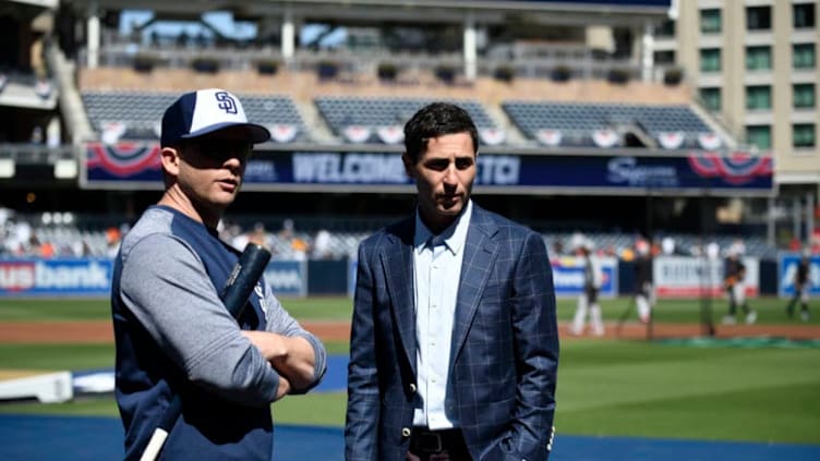 SAN DIEGO, CA - MARCH 28: San Diego Padres manager Andy Green (L) talks to Padres general manager A.J. Preller before the San Diego Padres played the San Francisco Giants on Opening Day at Petco Park March 28, 2019 in San Diego, California. (Photo by Denis Poroy/Getty Images)