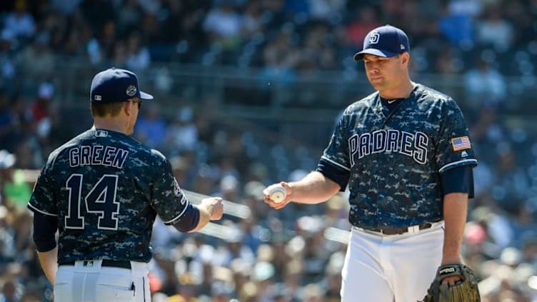 SAN DIEGO, CA - JUNE 9: Craig Stammen #34 of the San Diego Padres hands the ball to Andy Green #14 as he's taken out of the game during the eighth inning of a baseball game against the Washington Nationals at Petco Park June 9, 2019 in San Diego, California. (Photo by Denis Poroy/Getty Images)