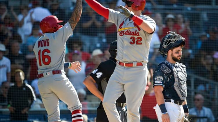 SAN DIEGO, CA - JUNE 30: Matt Wieters #32 of the St. Louis Cardinals celebrates with Kolten Wong #16 after Wieters hit a two-run home run during the eleventh inning of a baseball game against the San Diego Padres at Petco Park June 30, 2019 in San Diego, California. (Photo by Denis Poroy/Getty Images)