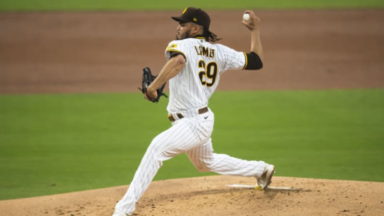 SAN DIEGO, CA - SEPTEMBER 14: Dinelson Lamet #29 of the San Diego Padres delivers a pitch in the top of the second inning against the Los Angeles Dodgers at PETCO Park on September 14, 2020 in San Diego, California. (Photo by Matt Thomas/San Diego Padres/Getty Images)