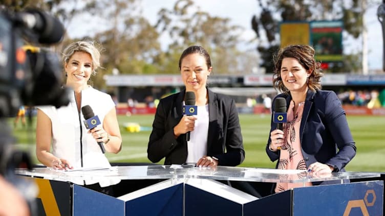 SYDNEY, AUSTRALIA - SEPTEMBER 16: Amy Duggan, Kyah Simon and Sarah Walsh broadcast pitchside during the women's international match between the Australian Matildas and Brazil at Pepper Stadium on September 16, 2017 in Sydney, Australia. (Photo by Zak Kaczmarek/Getty Images)