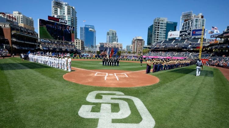 SAN DIEGO, CALIFORNIA - APRIL 17: U.S. military members line the field on Military Opening Day before a baseball game between the San Diego Padres and the Arizona Diamondbacks at PETCO Park on April 17, 2016 in San Diego, California. (Photo by Denis Poroy/Getty Images)