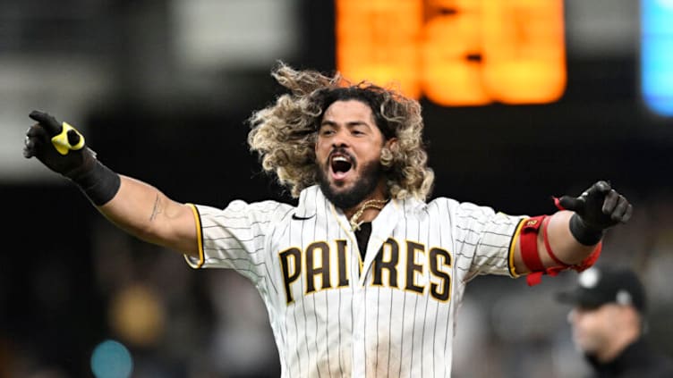 Jorge Alfaro #38 of the San Diego Padres celebrates his walk-off single during the 11th inning against the Arizona Diamondbacks June 21, 2022 at Petco Park in San Diego, California. (Photo by Denis Poroy/Getty Images)