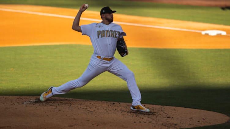 LOS ANGELES, CA - JULY 19: Joe Musgrove #44 of the San Diego Padres pitches during the third inning at the 92nd All-Star Game presented by Mastercard at Dodger Stadium on July 19, 2022 in Los Angeles, California. (Photo by Matt Thomas/San Diego Padres/Getty Images)