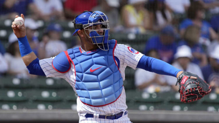 Mar 19, 2022; Mesa, Arizona, USA; Chicago Cubs catcher Willson Contreras (40) throws to secondbase in the first inning during a spring training game against the San Diego Padres at Sloan Park. Mandatory Credit: Rick Scuteri-USA TODAY Sports