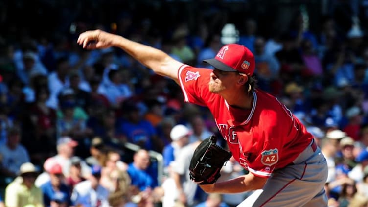 Mar 4, 2016; Mesa, AZ, USA; Los Angeles Angels starting pitcher Jered Weaver (36) throws during the first inning against the Chicago Cubs at Sloan Park. Mandatory Credit: Matt Kartozian-USA TODAY Sports