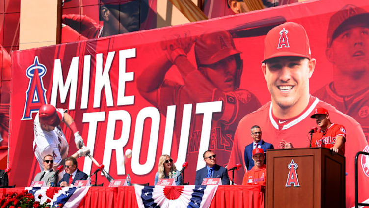 ANAHEIM, CA - MARCH 24: Mike Trout #27 of the Los Angeles Angels of Anaheim attends a press conference after he agreed to terms of a 12-year, $430 million contract extension at Angel Stadium of Anaheim on March 24, 2019 in Anaheim, California. (Photo by Jayne Kamin-Oncea/Getty Images)