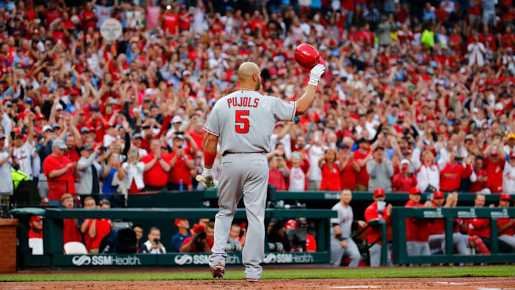 ST LOUIS, MO - JUNE 21: Former St. Louis Cardinal Albert Pujols #5 of the Los Angeles Angels of Anaheim acknowledges a standing ovation from the fans in his first return to Busch Stadium prior to batting against the St. Louis Cardinals on June 21, 2019 in St Louis, Missouri. (Photo by Dilip Vishwanat/Getty Images)