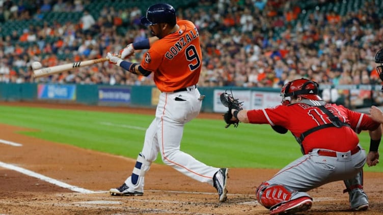 HOUSTON, TX - SEPTEMBER 24: Marwin Gonzalez #9 of the Houston Astros grounds out in the first inning against the Los Angeles Angels of Anaheim at Minute Maid Park on September 24, 2016 in Houston, Texas. (Photo by Bob Levey/Getty Images)