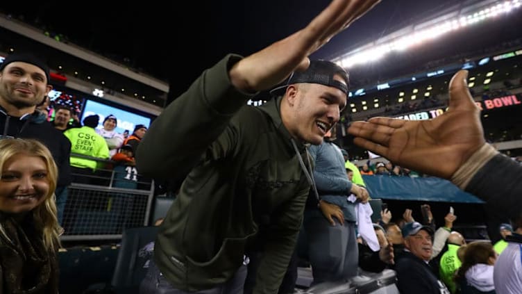 PHILADELPHIA, PA - JANUARY 21: Mike Trout of the Los Angeles Angels of Anaheim celebrates after the Philadelphia Eagles defeated the Minnesota Vikings 38-7 in their NFC Championship game at Lincoln Financial Field on January 21, 2018 in Philadelphia, Pennsylvania. (Photo by Al Bello/Getty Images)