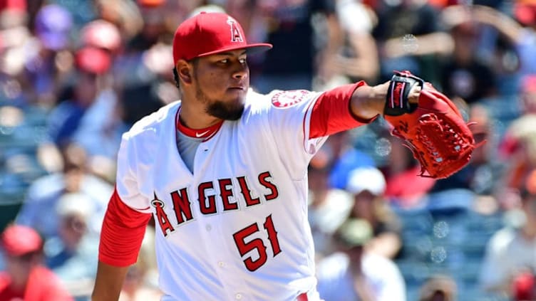 ANAHEIM, CA - APRIL 22: Jaime Barria #51 of the Los Angeles Angels of Anaheim set a new MLB record with a 21 pitch at-bat against Brandon Belt #9 of the San Francisco Giants in the first inning of the game at Angel Stadium on April 22, 2018 in Anaheim, California. (Photo by Jayne Kamin-Oncea/Getty Images)