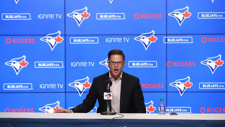 TORONTO, ON - APRIL 02: General manager Ross Atkins of the Toronto Blue Jays addresses the media after completing a trade earlier in the day that sent Kevin Pillar #11 to the San Francisco Giants during MLB game action against the Baltimore Orioles at Rogers Centre on April 2, 2019 in Toronto, Canada. (Photo by Tom Szczerbowski/Getty Images)