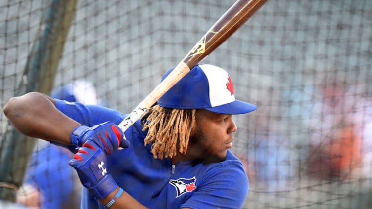 BALTIMORE, MD - JUNE 11: Vladimir Guerrero Jr. #27 of the Toronto Blue Jays takes batting practice before the game against the Baltimore Orioles at Oriole Park at Camden Yards on June 11, 2019 in Baltimore, Maryland. (Photo by Greg Fiume/Getty Images)