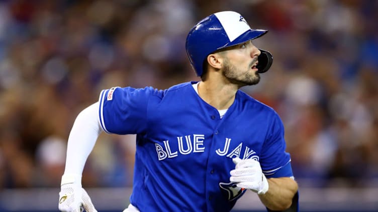 TORONTO, ON - SEPTEMBER 15: Randall Grichuk #15 of the Toronto Blue Jays watches the ball clear the fence as he hits a home run in the third inning during a MLB game against the New York Yankees at Rogers Centre on September 15, 2019 in Toronto, Canada. (Photo by Vaughn Ridley/Getty Images)