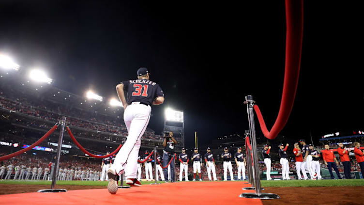 WASHINGTON, DC - OCTOBER 14: Max Scherzer #31 of the St. Louis Cardinals takes the field during player introductions before game three of the National League Championship Series against the St. Louis Cardinals at Nationals Park on October 14, 2019 in Washington, DC. (Photo by Rob Carr/Getty Images)