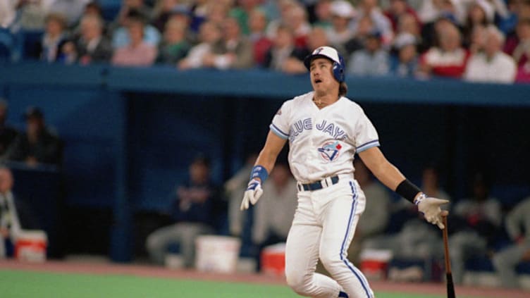 TORONTO - OCTOBER 21: Pat Borders #10 hits an Atlanta Braves pitch during game 4 of the World Series at the SkyDome in Toronto, Ontario, Canada, on October 21, 1992. The Blue Jays won 2-1. (Photo by Rick Stewart/Getty Images)