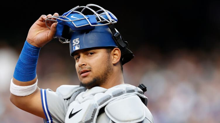 SEATTLE, WASHINGTON - JULY 07: Gabriel Moreno #55 of the Toronto Blue Jays looks on during the first inning against the Seattle Mariners at T-Mobile Park on July 07, 2022 in Seattle, Washington. (Photo by Steph Chambers/Getty Images)