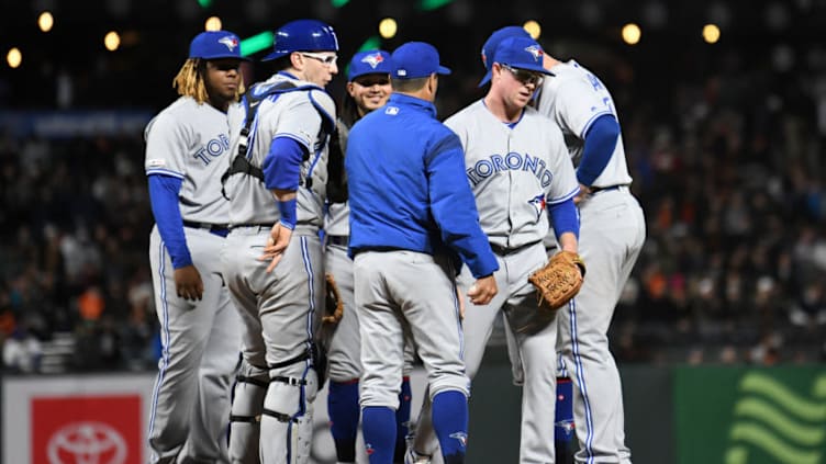 SAN FRANCISCO, CALIFORNIA - MAY 14: Trent Thornton #57 of the Toronto Blue Jays reacts after being pulled from in the sixth inning against the San Francisco Giants in their MLB game at Oracle Park on May 14, 2019 in San Francisco, California. (Photo by Robert Reiners/Getty Images)