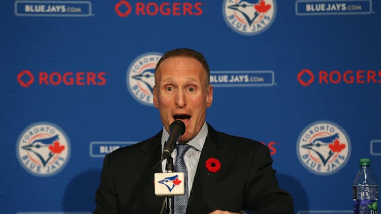 TORONTO, CANADA - NOVEMBER 2: Mark Shapiro speaks to the media as he is introduced as president of the Toronto Blue Jays during a press conference on November 2, 2015 at Rogers Centre in Toronto, Ontario, Canada. (Photo by Tom Szczerbowski/Getty Images)