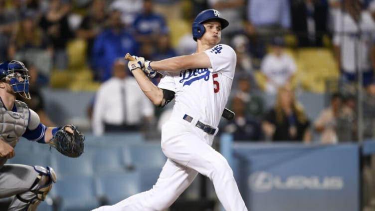 Aug 22, 2019; Los Angeles, CA, USA; Los Angeles Dodgers shortstop Corey Seager (5) looks up after hitting a two-run double during the ninth inning against the Toronto Blue Jays at Dodger Stadium. Mandatory Credit: Kelvin Kuo-USA TODAY Sports