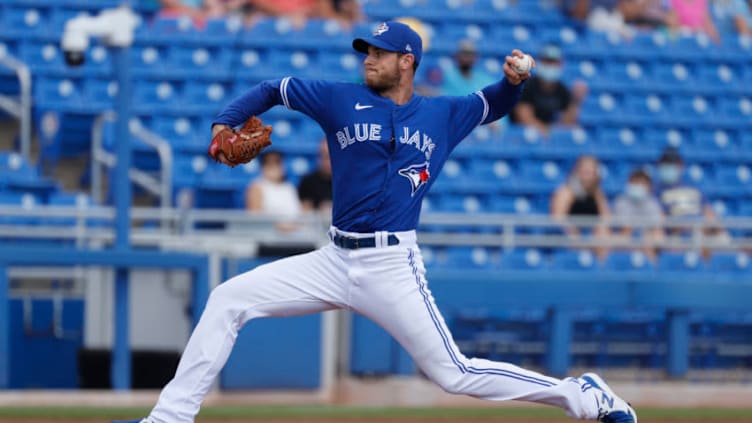 Mar 9, 2021; Dunedin, Florida, USA; Toronto Blue Jays starting pitcher Steven Matz (22) throws a pitch during the first inning against the Philadelphia Phillies at TD Ballpark. Mandatory Credit: Kim Klement-USA TODAY Sports