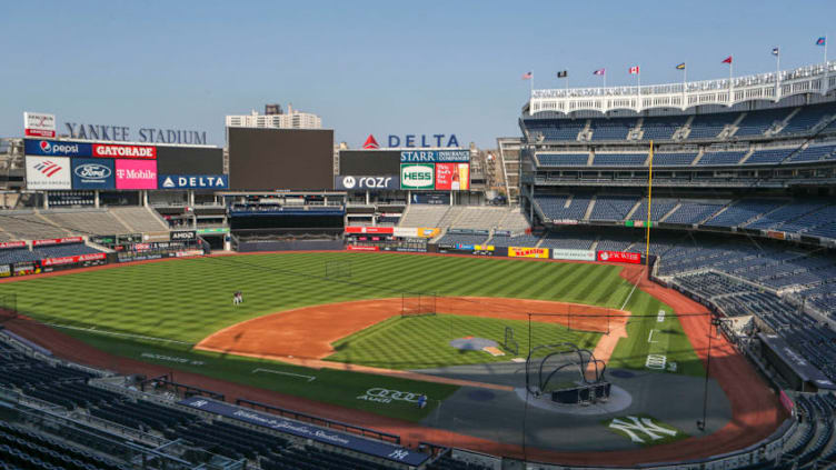 May 26, 2021; Bronx, New York, USA; A view from the press box prior to the game being canceled because of inclement weather between the Toronto Blue Jays and the New York Yankees at Yankee Stadium. Mandatory Credit: Wendell Cruz-USA TODAY Sports