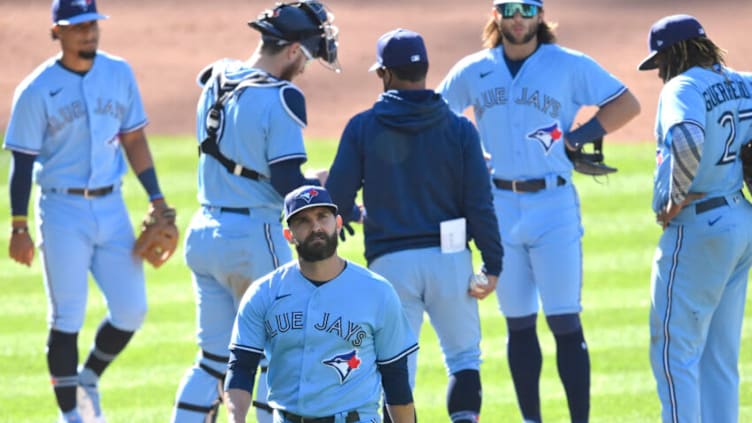 May 30, 2021; Cleveland, Ohio, USA; Toronto Blue Jays relief pitcher Tyler Chatwood (34) walks off the mound during a pitching change in the seventh inning against the Cleveland Indians at Progressive Field. Mandatory Credit: David Richard-USA TODAY Sports